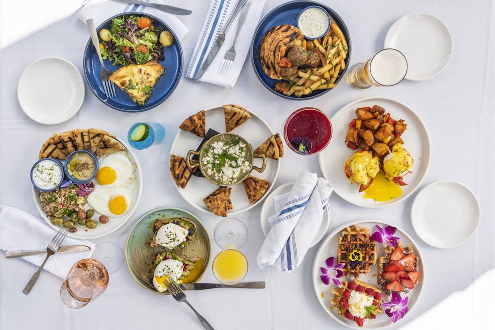 Brunch spread with Mediterranean dishes