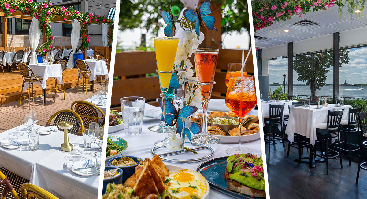 Mezze on the River Easter brunch promotion with spring floral artwork