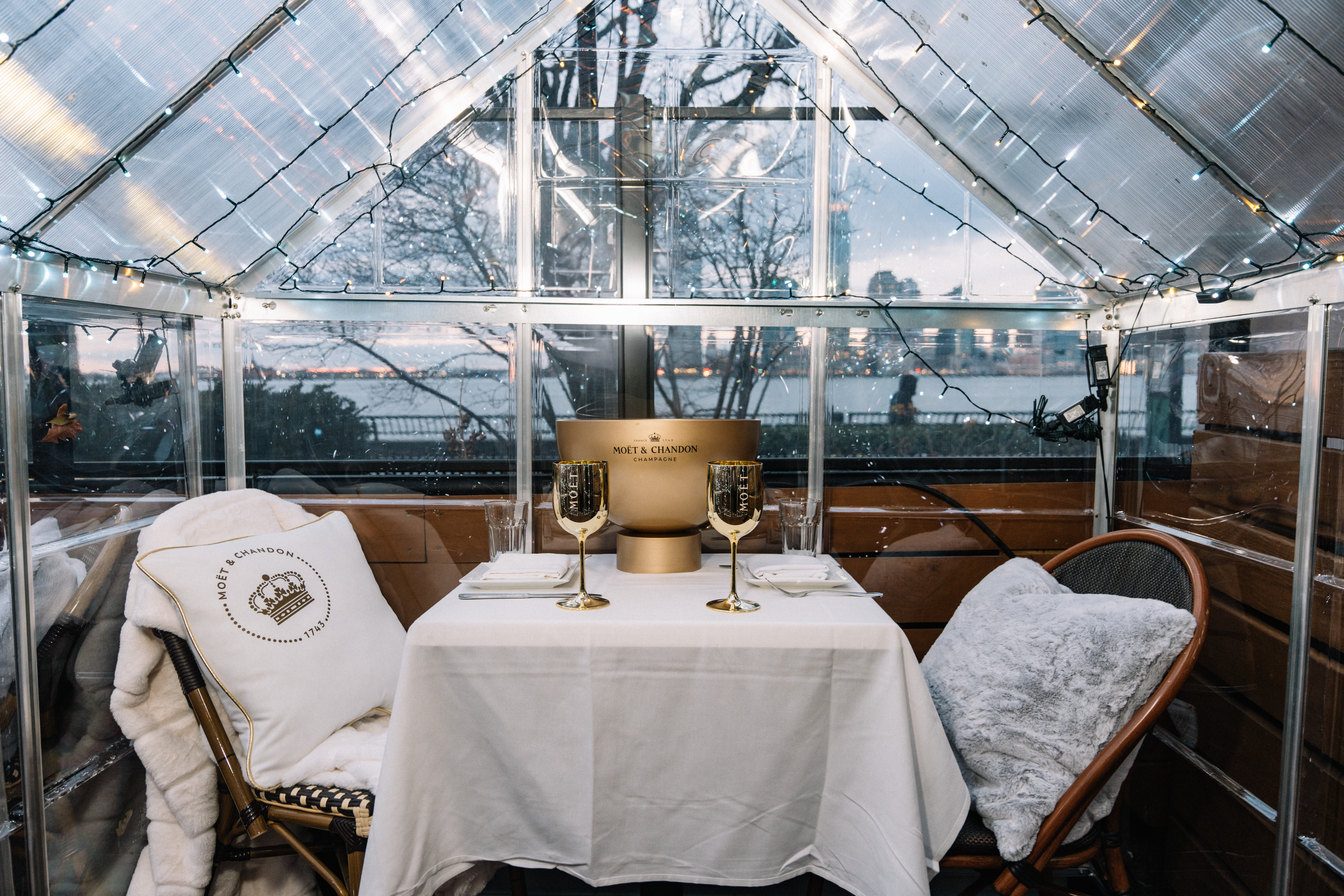 Close-up of Moët dining course with glassware