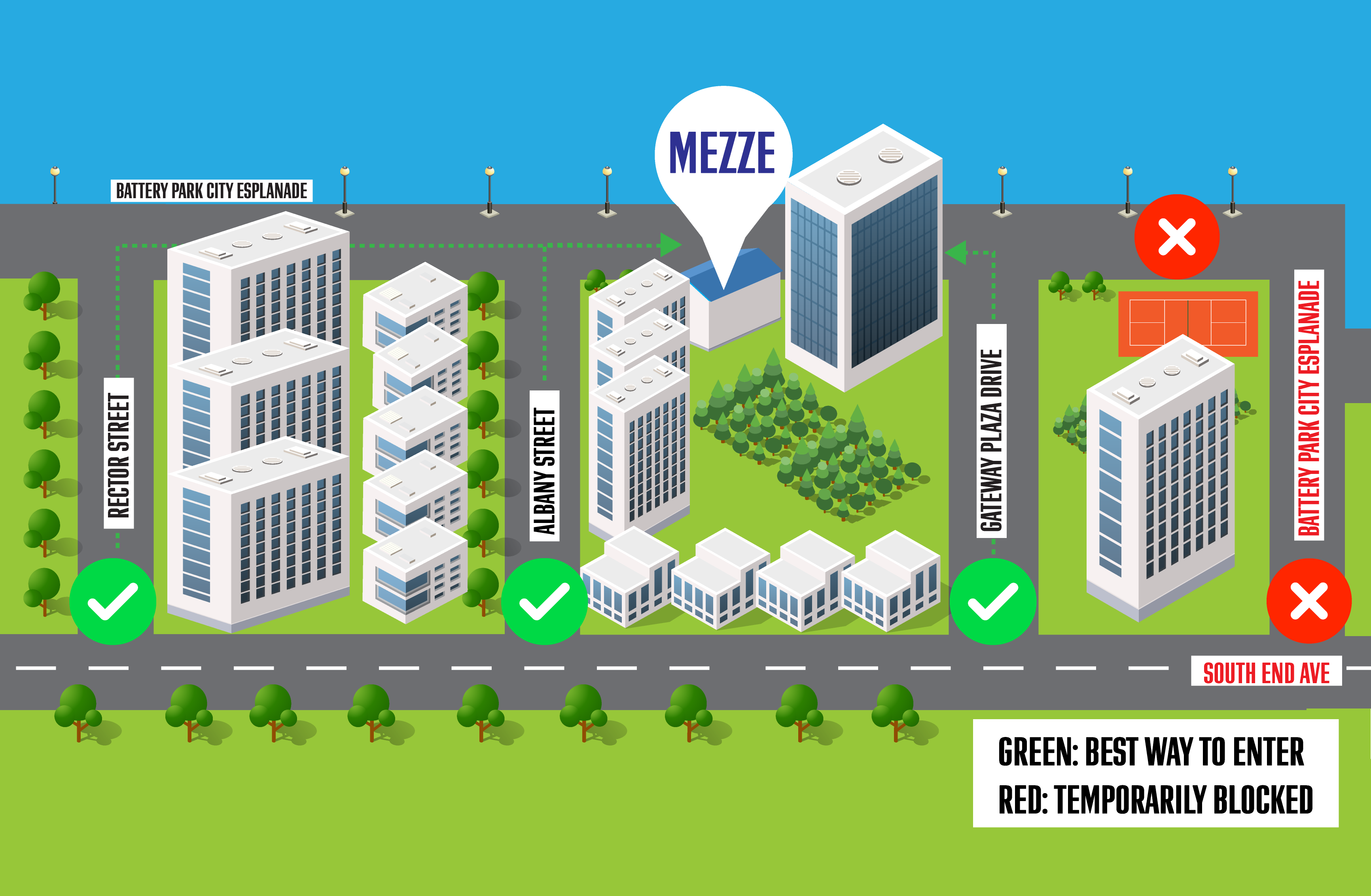 Map showing how to access Mezze On The River via Albany Street, Rector Street, Battery Park Esplanade, and Gateway Plaza Drive