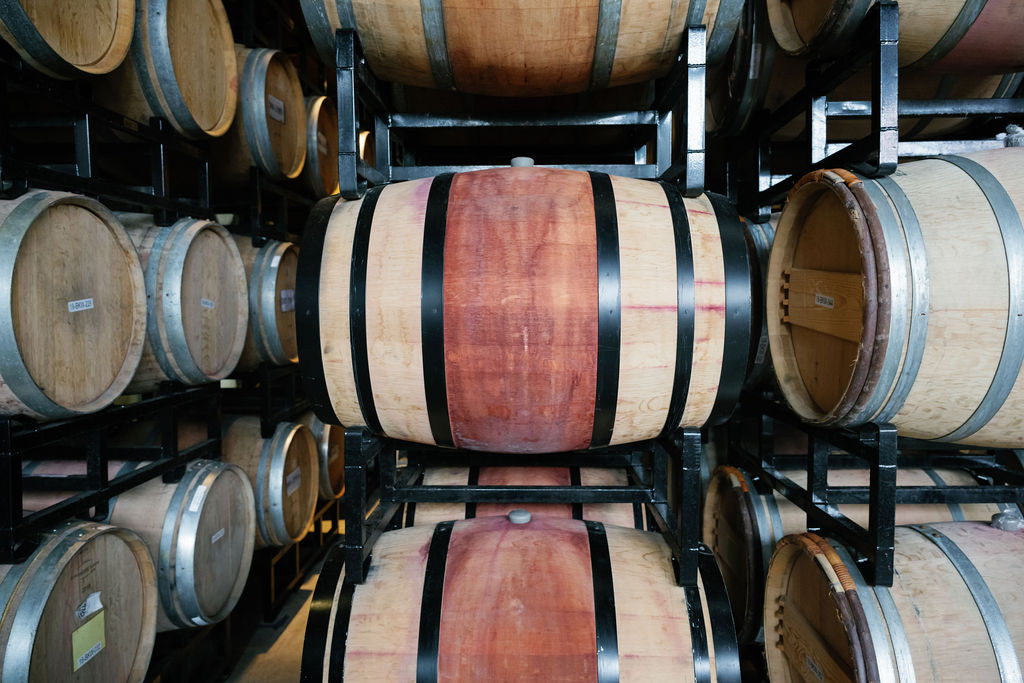 one wine barrel is in sharp focus while rows of others fade into the background. the barrels are stacked on their sides