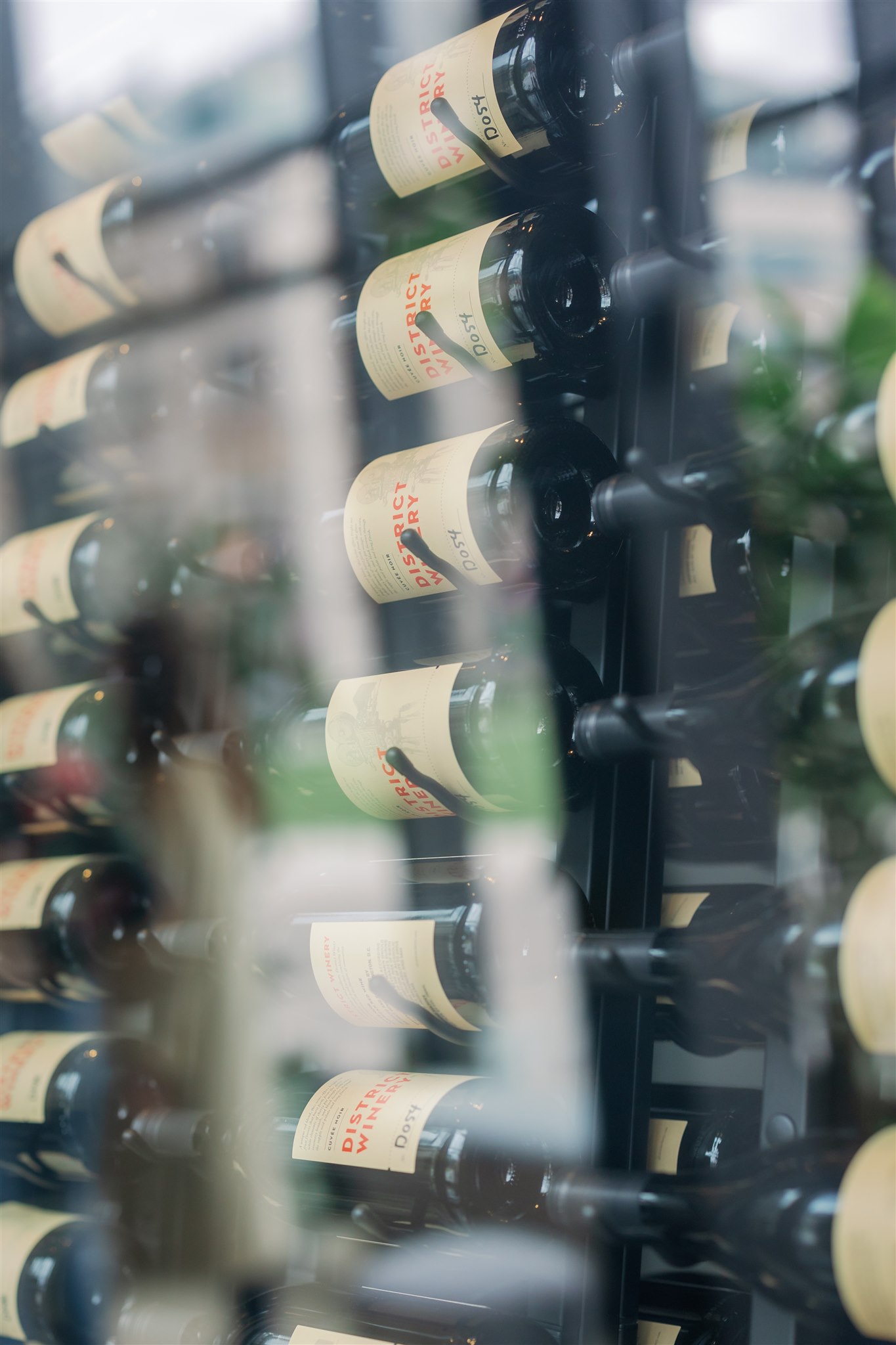 a close up of District Winery wine bottles on a wine rack as taken from the outside of the glass wine cellar