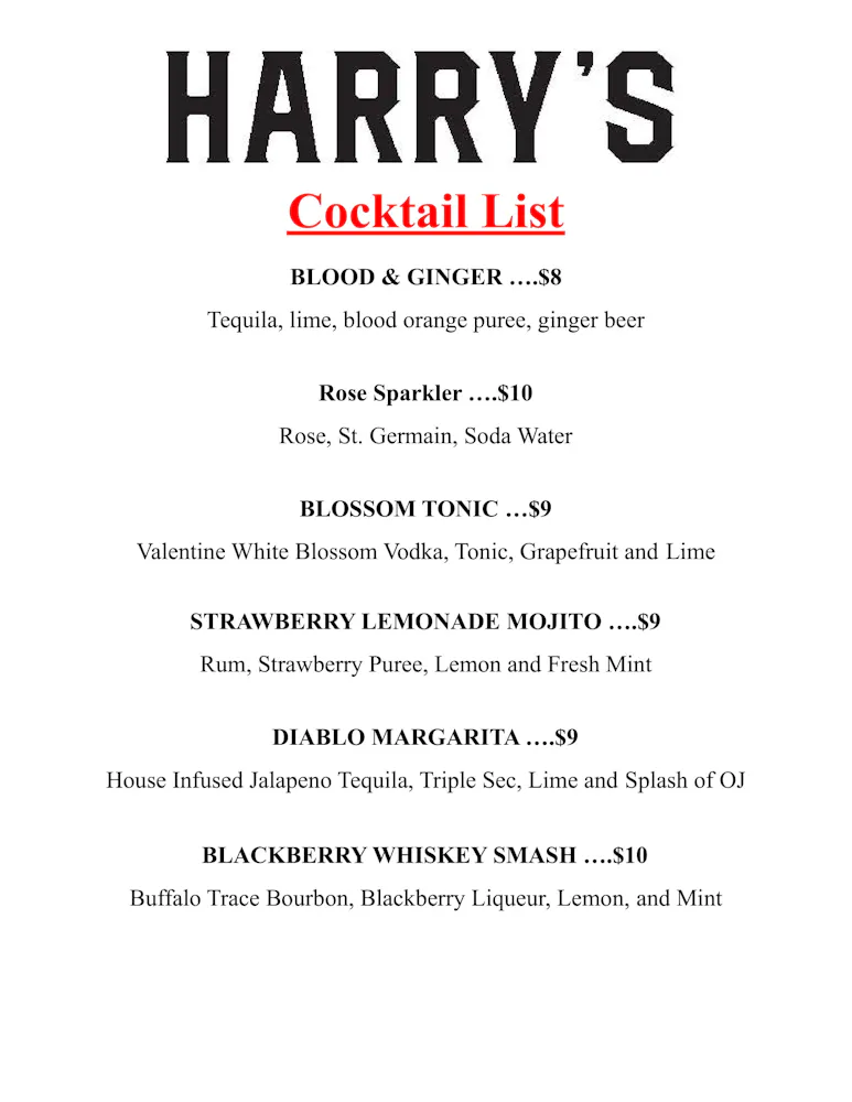 Menus | Harry's Bar and Grill