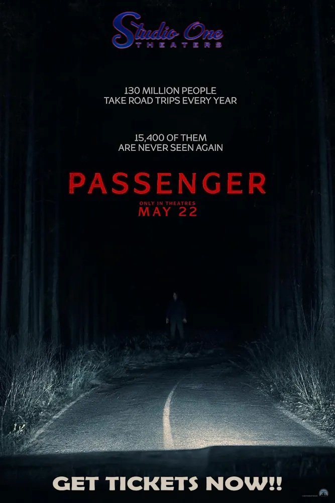 a poster of a man walking on a road in a dark forest