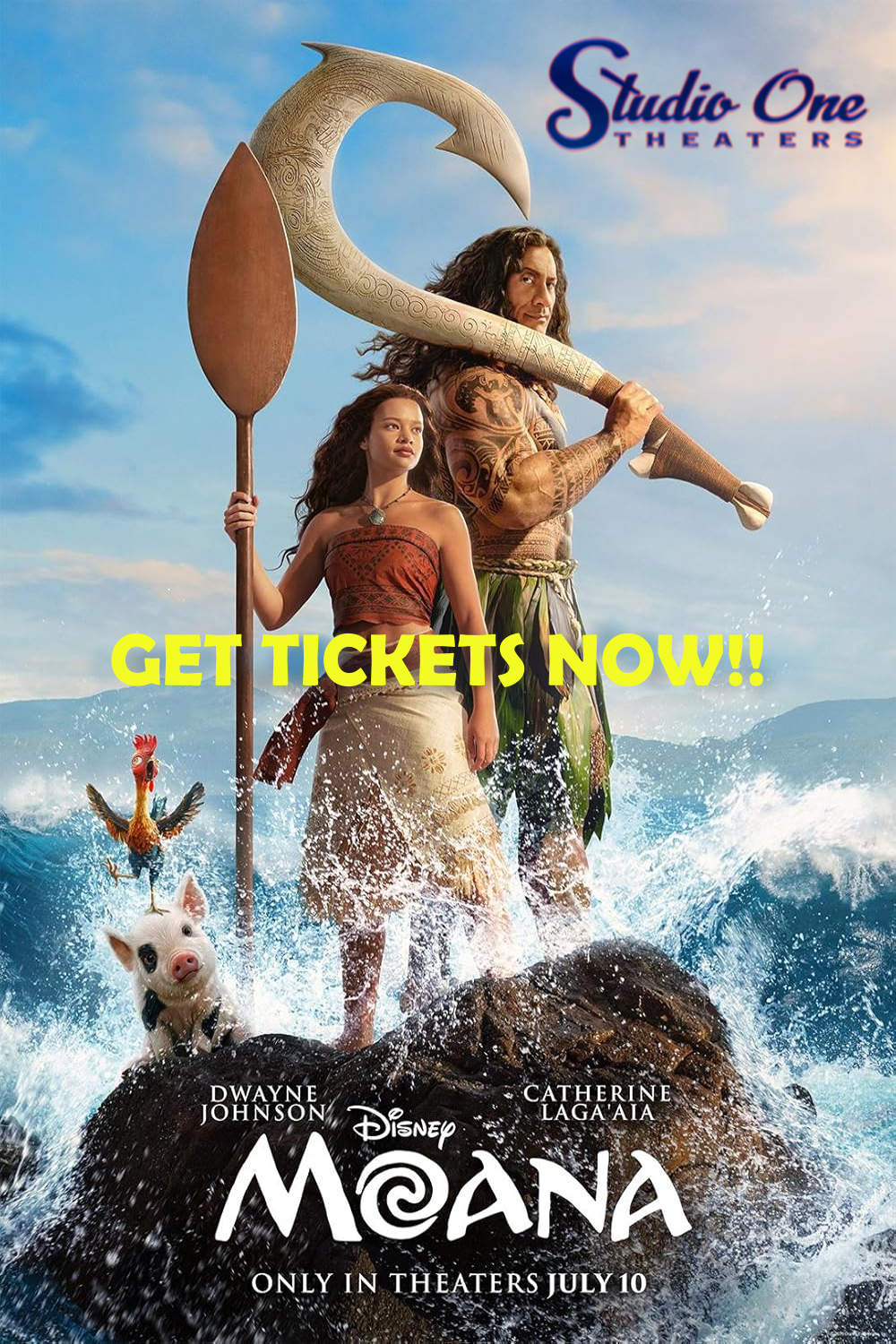 a man and woman holding a large spear and standing on a rock