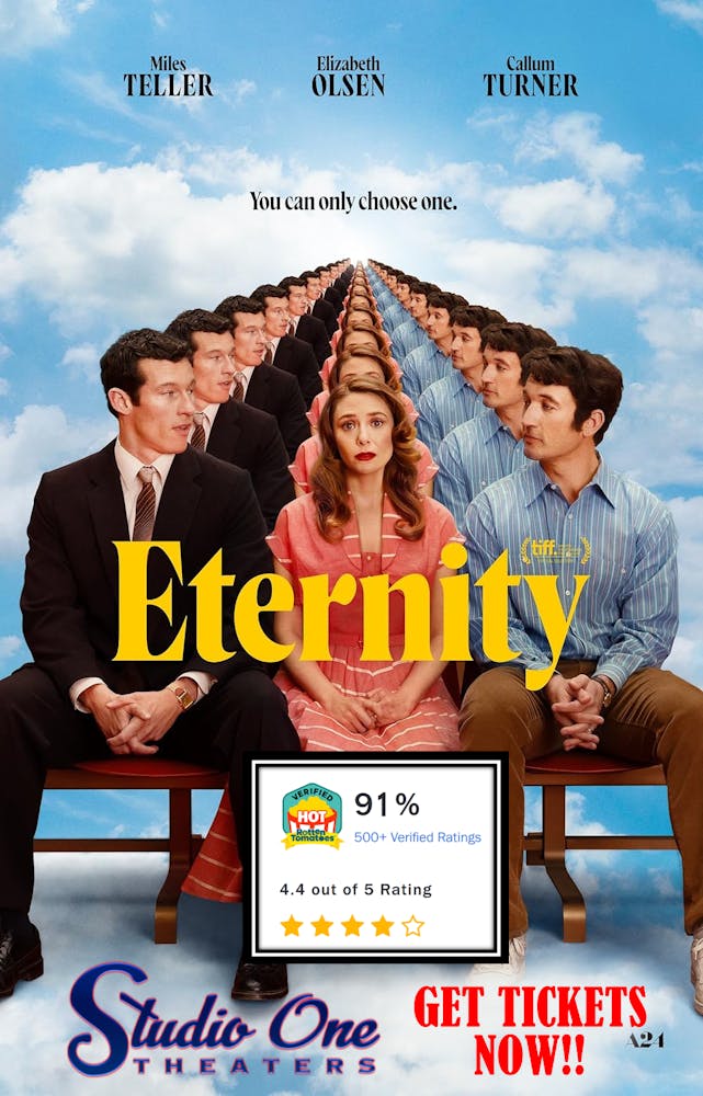 Callum Turner, Callum Turner, Elizabeth Olsen, Miles Teller, Miles Teller sitting on a table