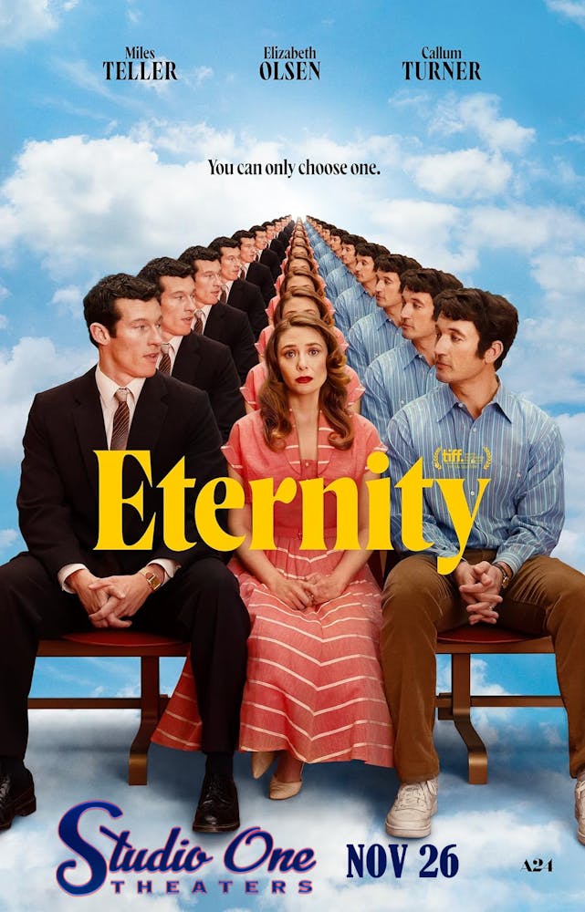 Callum Turner, Callum Turner, Elizabeth Olsen, Miles Teller, Miles Teller sitting on a bench