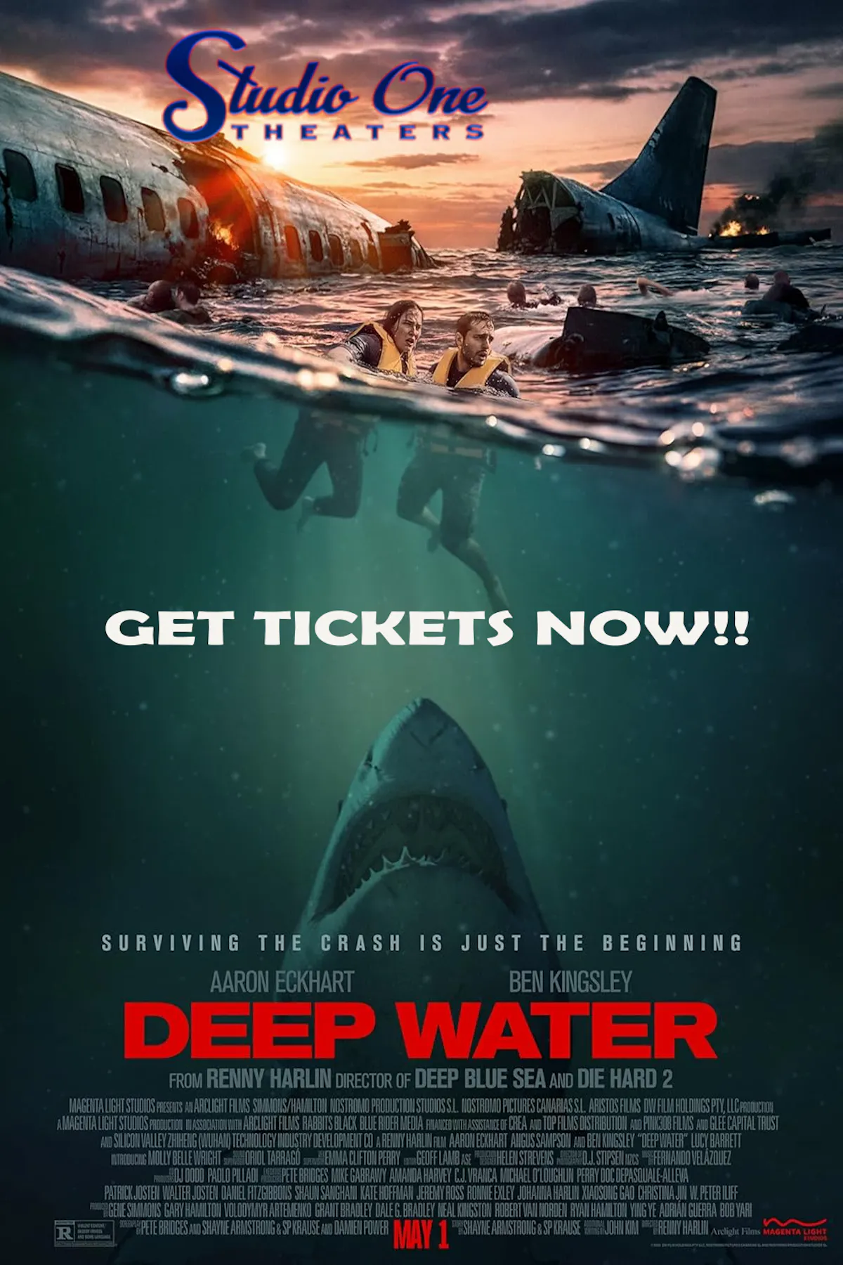 a plane crash with people in the water with sharks