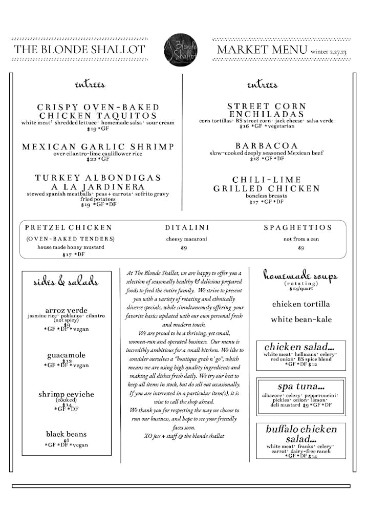 Menus The Blonde Shallot in Little Silver, NJ