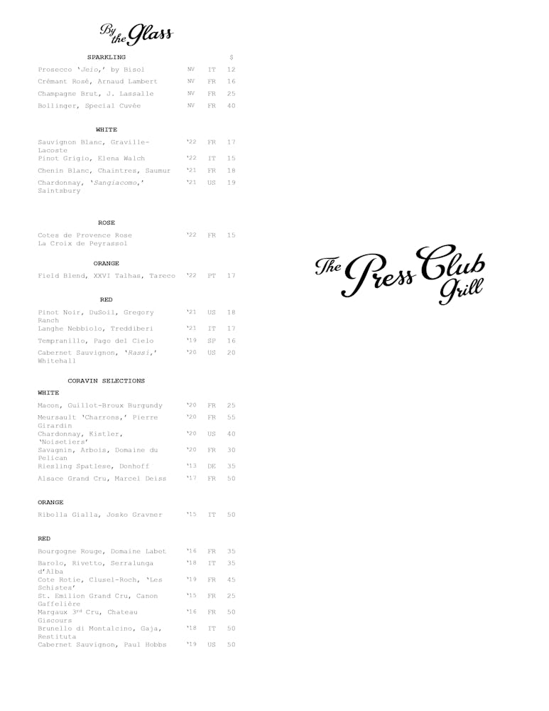 Our Menu The Press Club Grill's New York Steak and Seafood