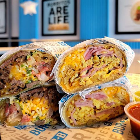 Four breakfast burritos prepared for Belmont Shore burrito delivery.