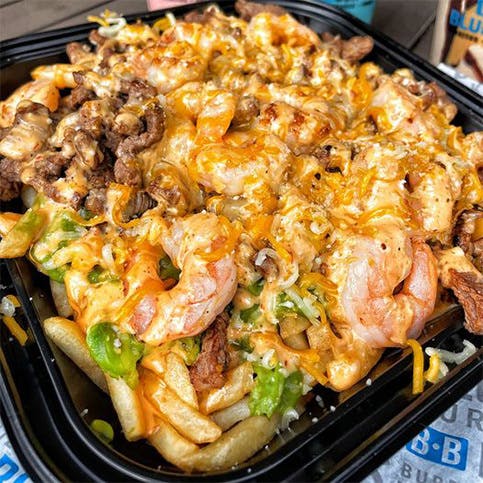 Blue Burro prepared top Lincoln, Long Beach Surf and Turf burrito for delivery.