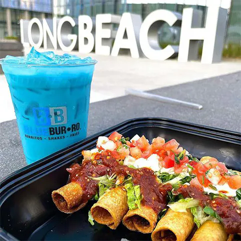 Rolled taco restaurant near College Estates, Long Beach CA serving iced beverage and taquitos.