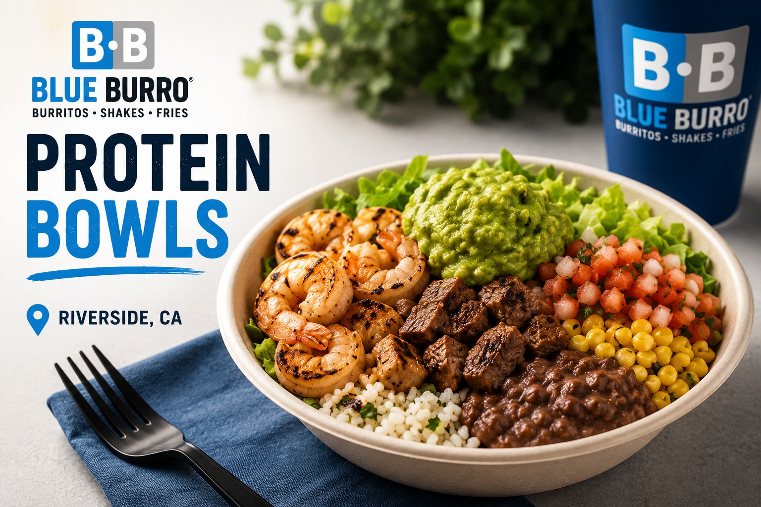 Fresh protein bowls at Blue Burro Riverside