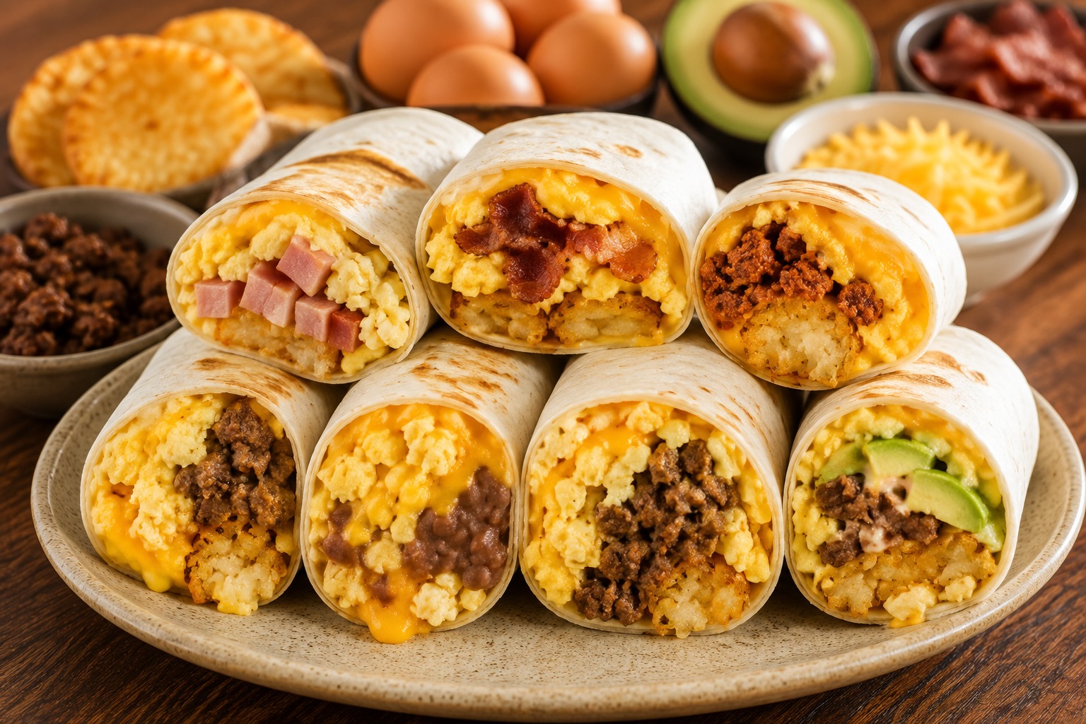 Breakfast burritos with eggs, cheese, hashbrowns, bacon, chorizo, ham, steak, beans, and avocado.
