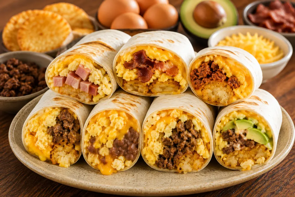 Breakfast burritos with eggs, cheese, hashbrowns, bacon, chorizo, ham, steak, beans, and avocado.