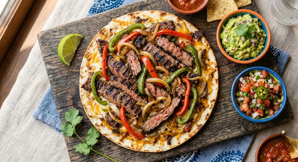 Steak fajita quesadilla at Blue Burro Long Beach marinated skirt steak, fried peppers, caramelized onions, Oaxacan cheese