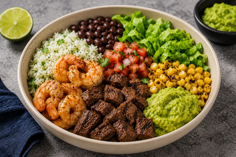Mexican protein bowl with grilled Angus steak, shrimp, cilantro lime rice, refried beans, lettuce, roasted corn, salsa fresca, and guacamole.
