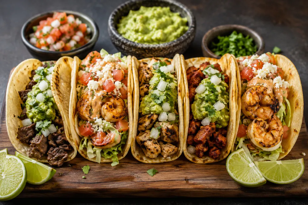 Fresh Mexican tacos with grilled steak, chicken, pork, and shrimp on soft corn tortillas with guacamole, cilantro, onions, salsa, and lime.