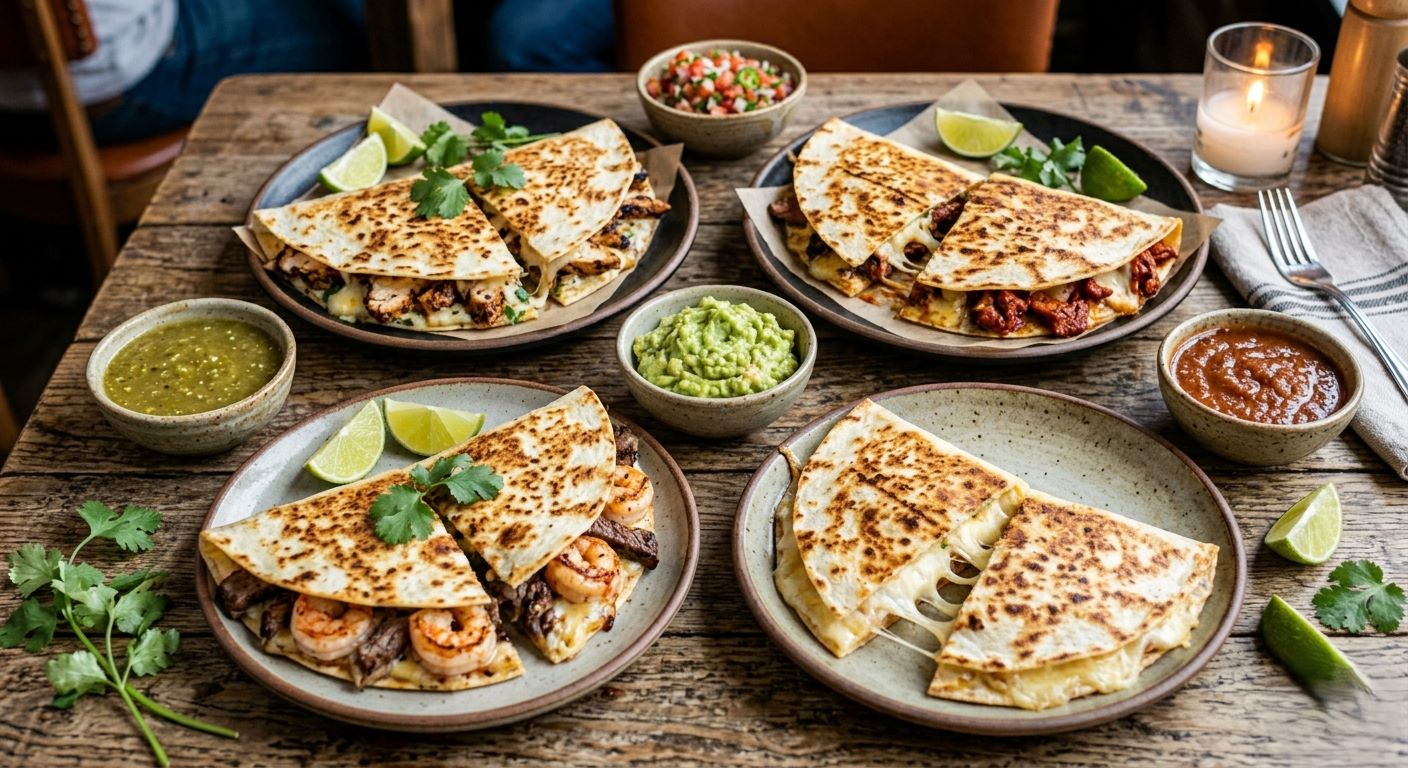 Variety of quesadillas including pollo asado, adobada and surf and turf at Blue Burro Long Beach