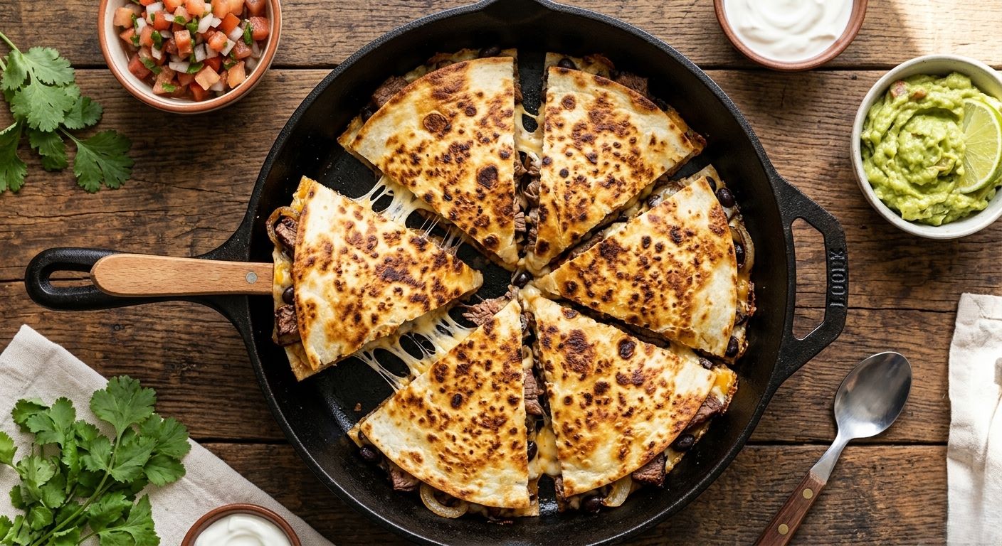 Easy cheesy steak quesadilla recipe — skirt steak, fried peppers, melted cheese on crispy tortilla