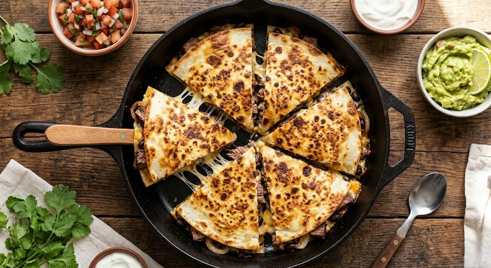Easy cheesy steak quesadilla recipe — skirt steak, fried peppers, melted cheese on crispy tortilla