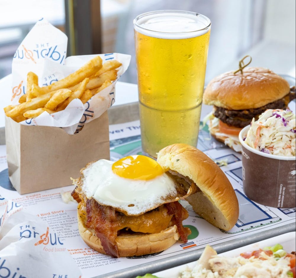 A burger, fries, and beer