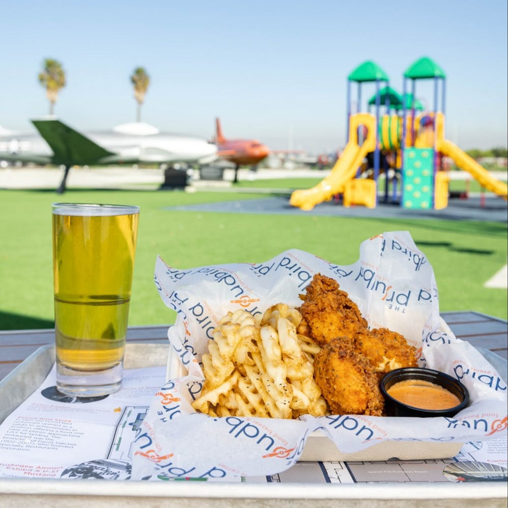 Chicken Fingers, fries, and a beer