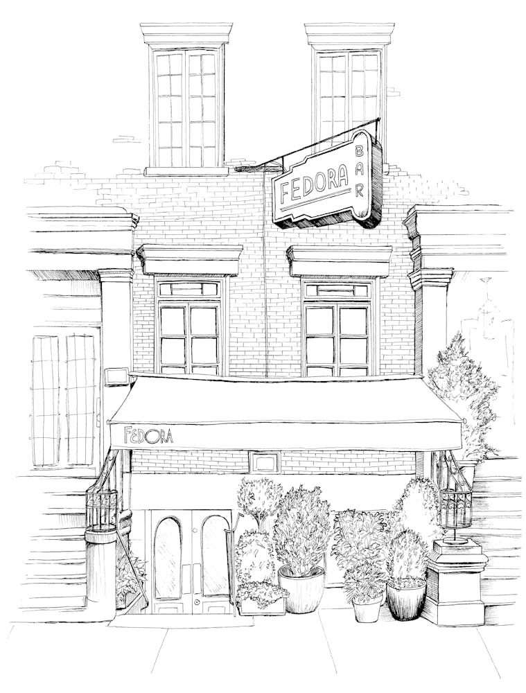 a black and white sketch of the Fedora Bar's building