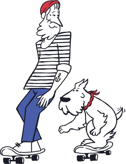 a drawing of a man skating with a dog