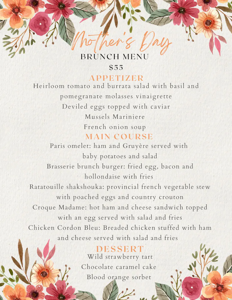 a menu of a mother's day brunch