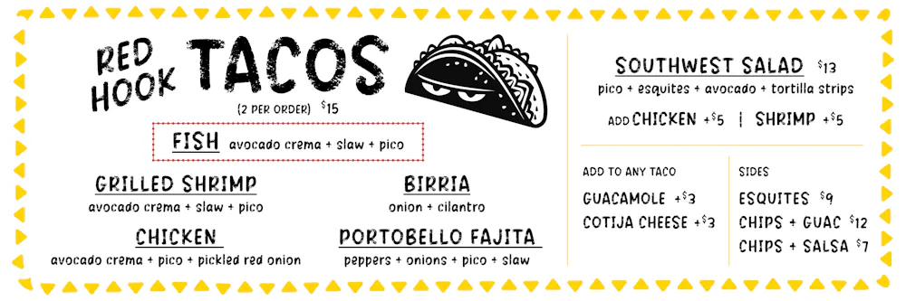 a menu card with a cartoon taco