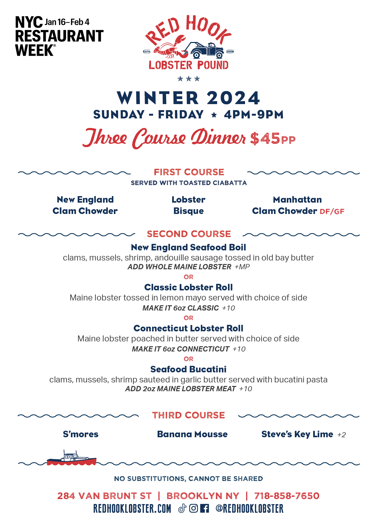 NYC Restaurant Week 2024 Red Hook Lobster Pound Seafood Restaurant   RHLP NYCRestWeek Dinner 5x7 