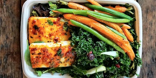 Tofu lunch special with kale apple salad and fresh seasonal carrots