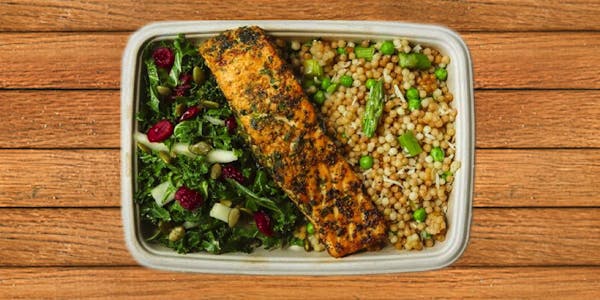 Couscous with peas and asparagus, lunch special salmon and kale apple salad