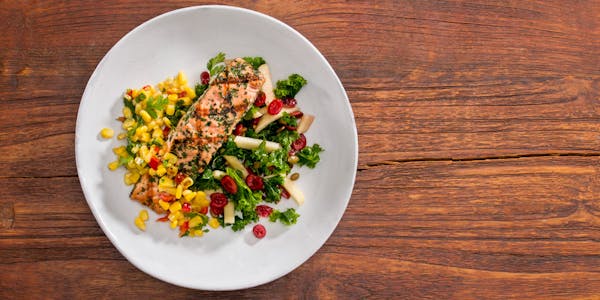 Lunch special salmon with corn salad and kale apple