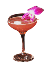 a glass with a pink drink and a flower on it