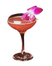 a glass with a pink drink and a flower on it