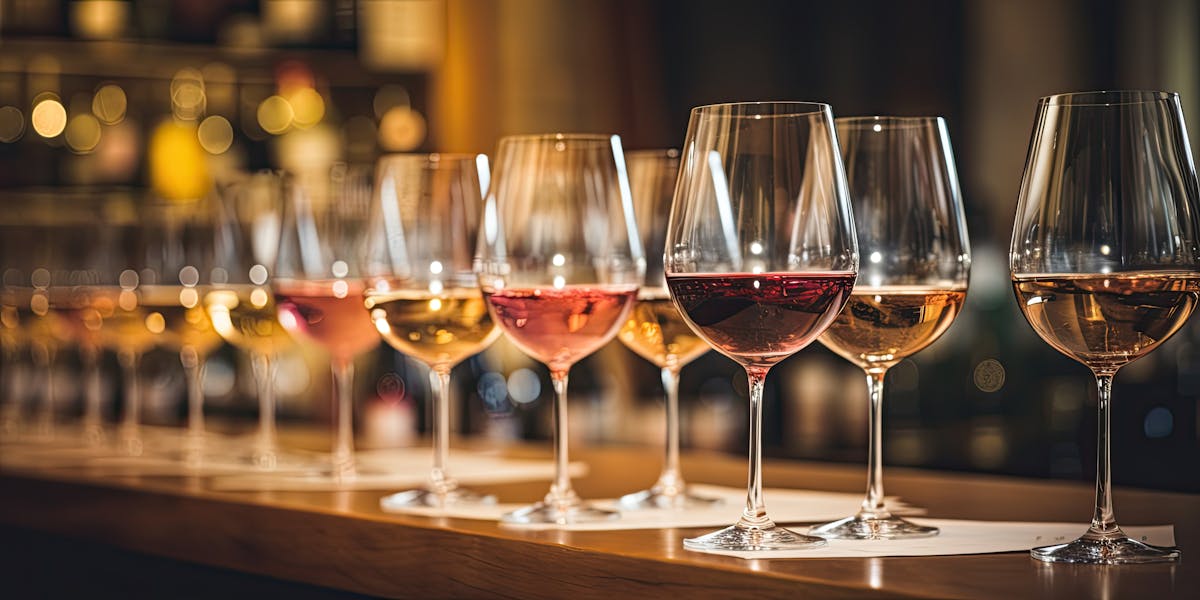 a table filled with wine glasses