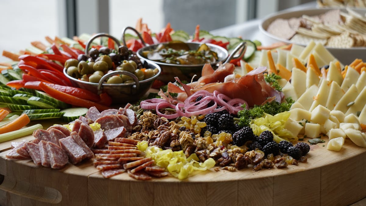 a close up of charcuterie board for private events