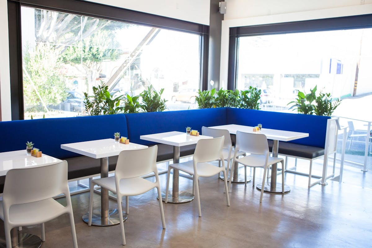 empty restaurant with white chairs and tables with a blue booth lining the edge of the windows along the walls of the restraurant with plants behind