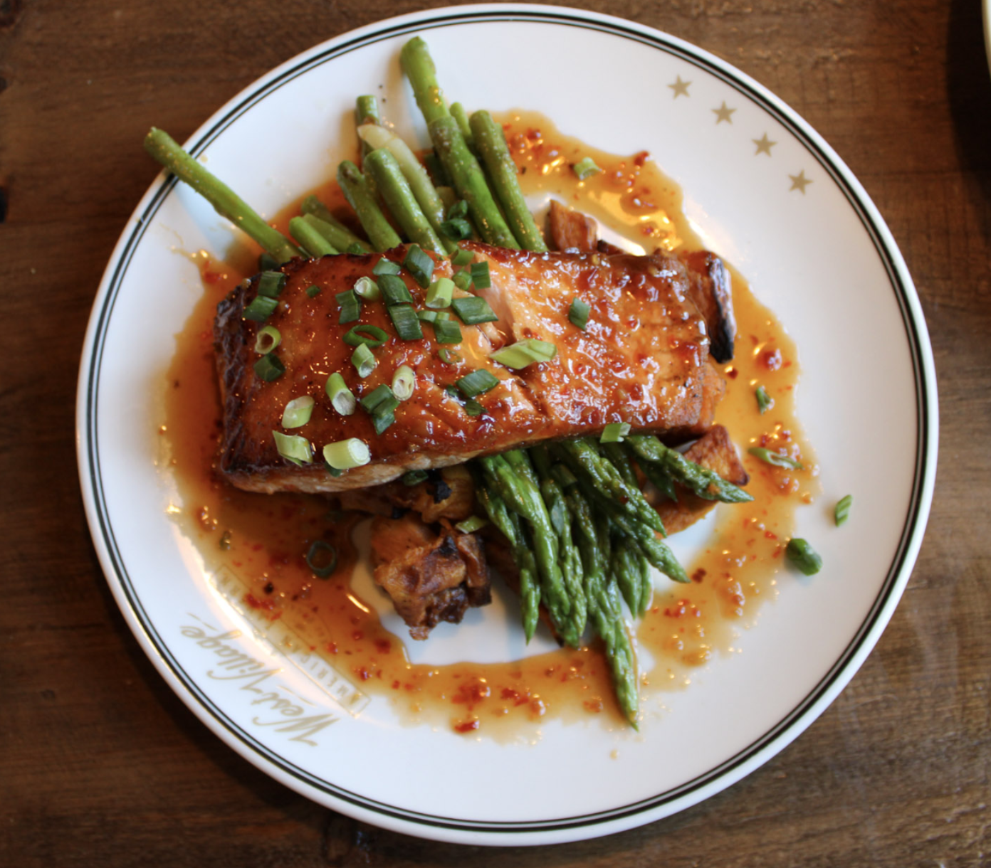 a plate of food on a wood table