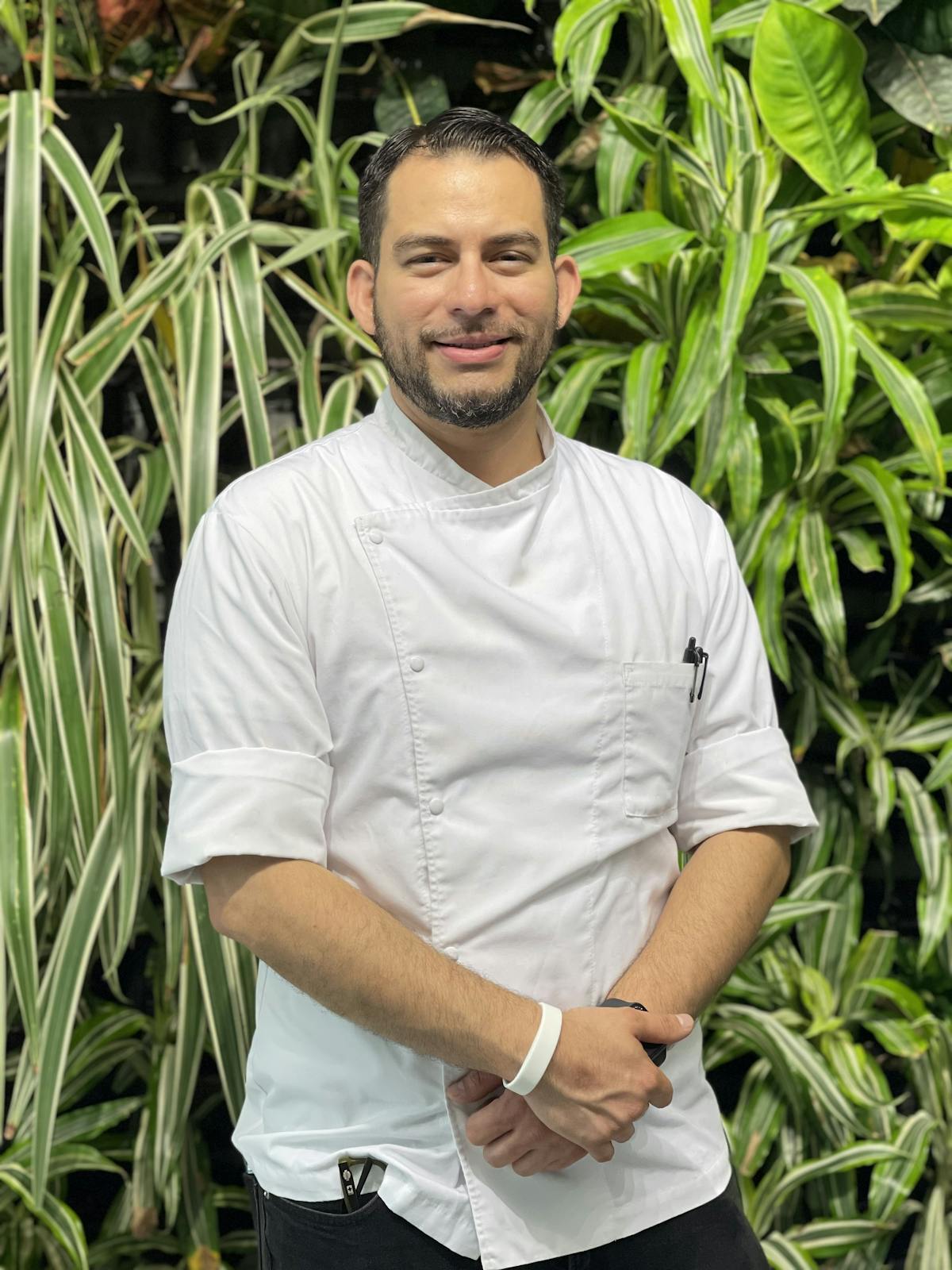 a man standing in front of a green plant