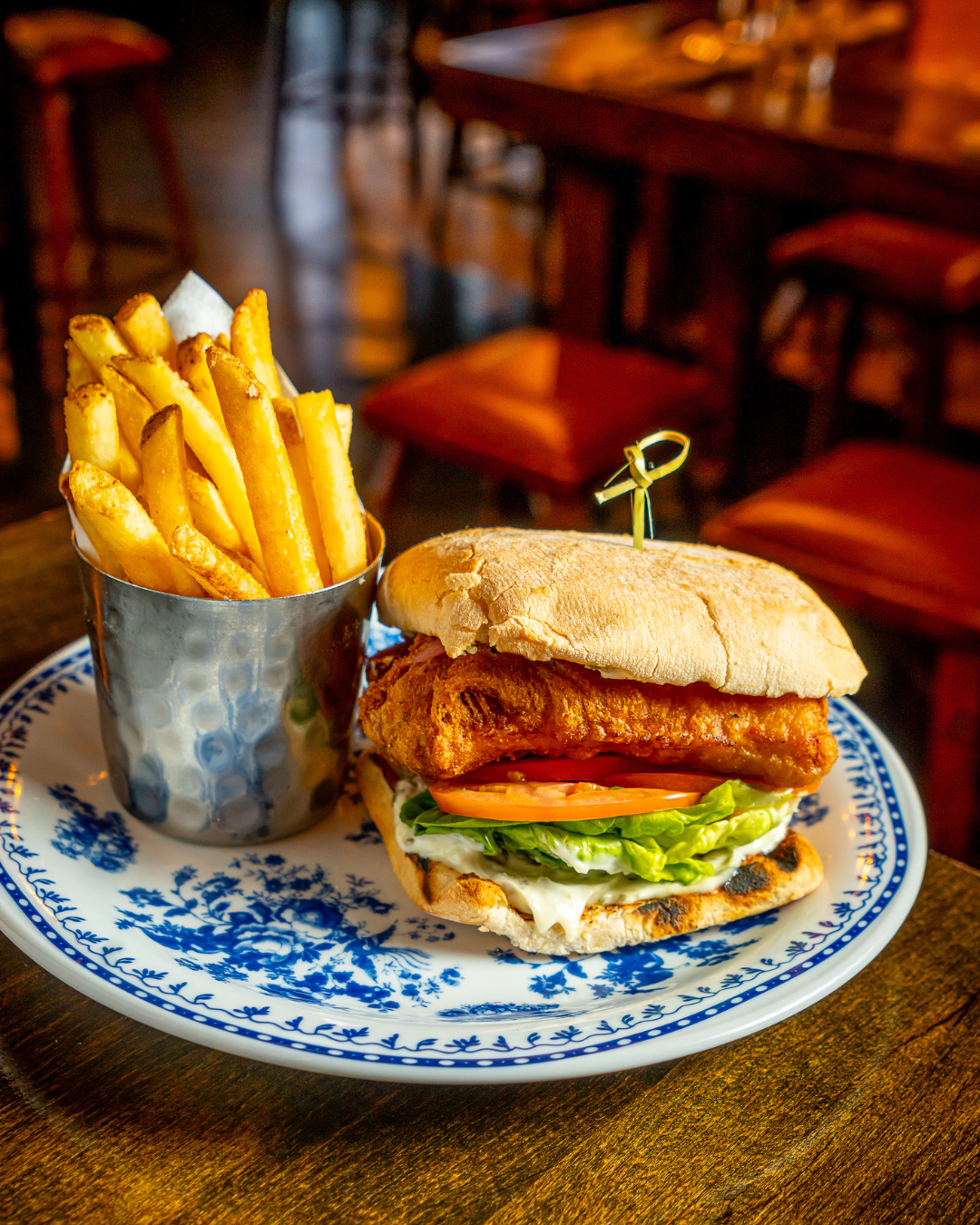 fish and chips on dining room table