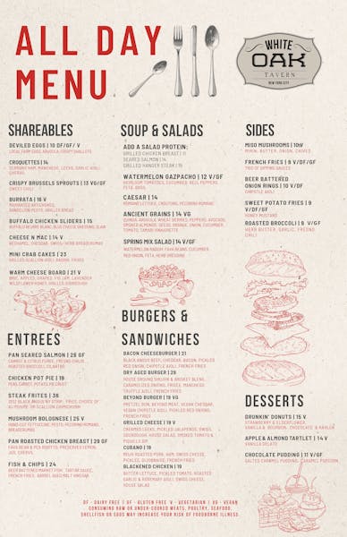 All Day Menu White Oak Tavern a curated cocktail bar and kitchen in