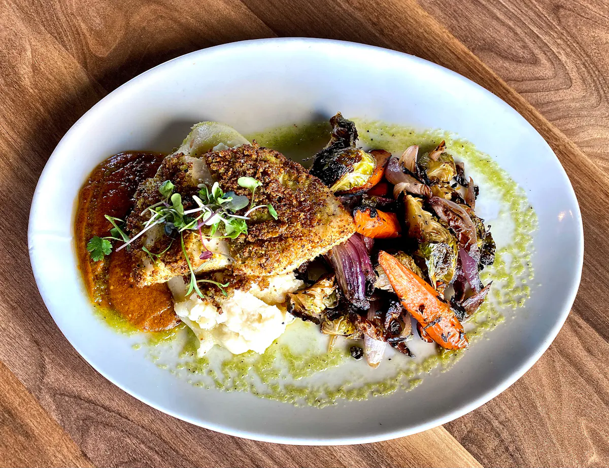 Pistachio Crusted Halibut on a plate