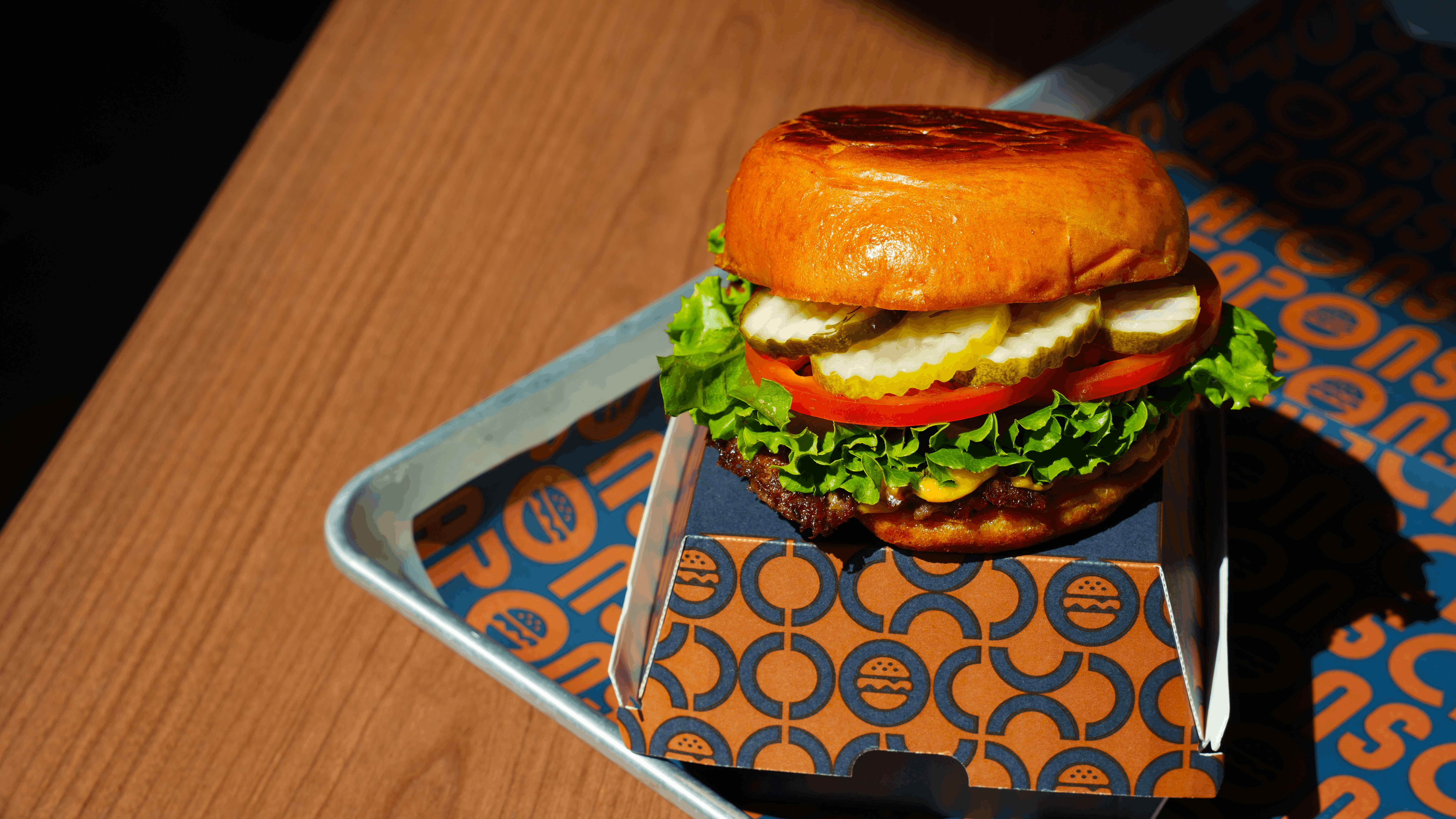 a burger on a tray