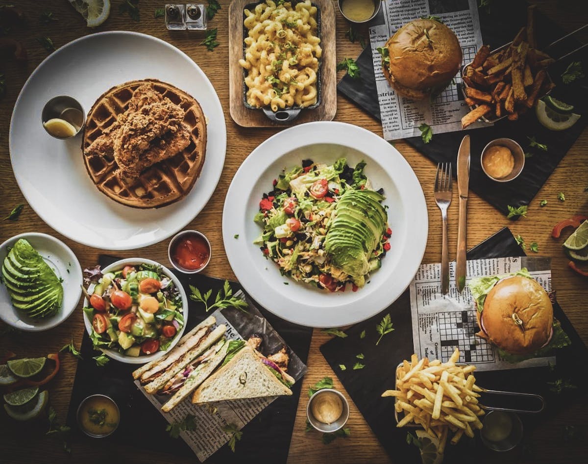 a bunch of food on a plate on a table