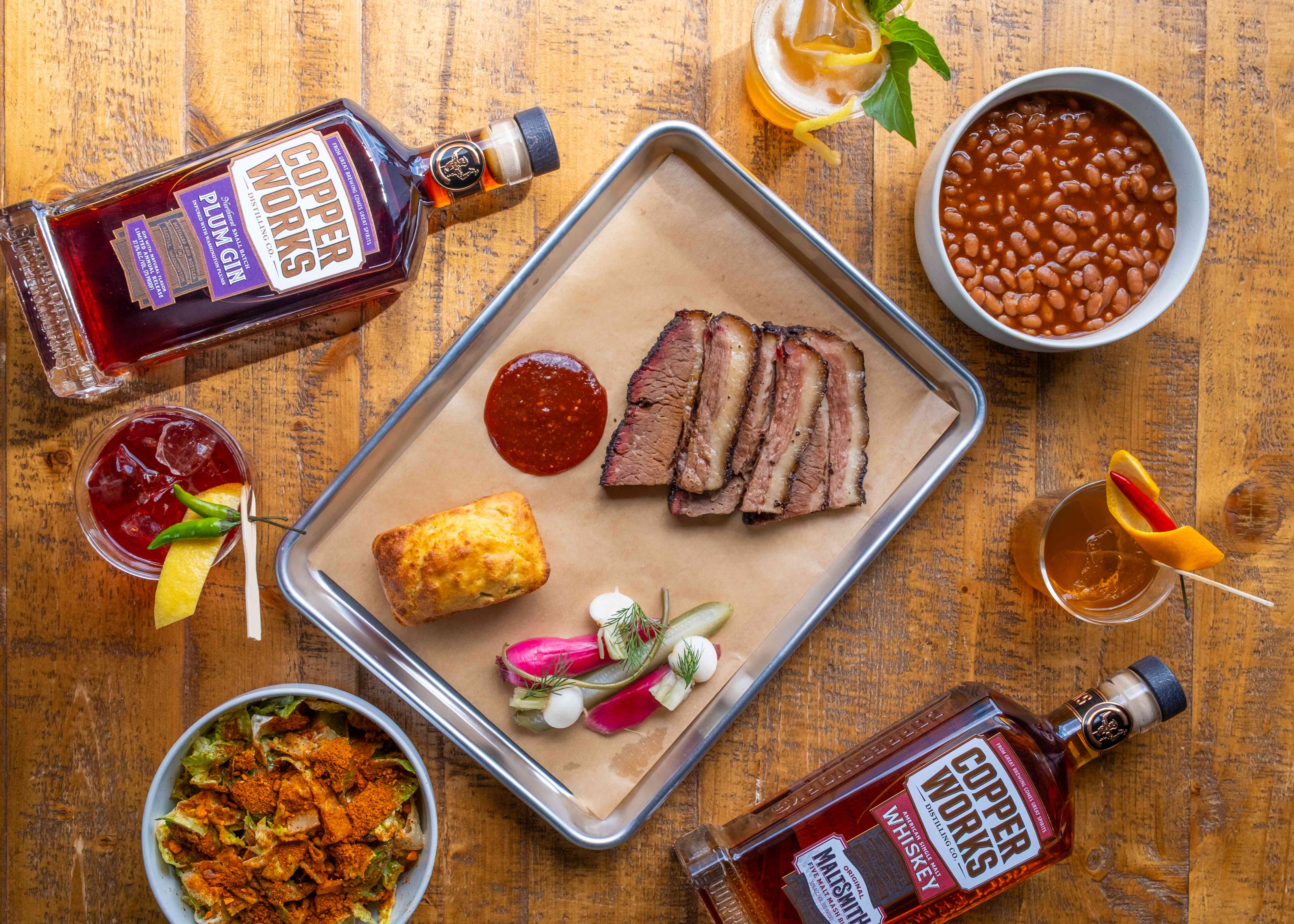 a tray of food and drinks on a table