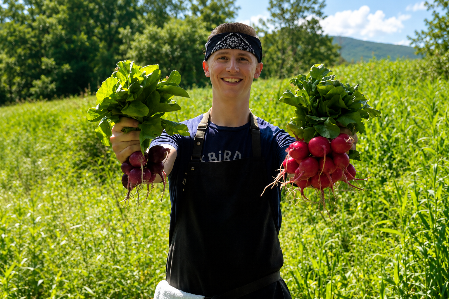 a man holding vegetables in a field